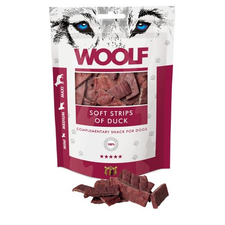 Woolf Soft strips of Duck puha jutalomfalat kacsahús darabok kutyáknak 100g