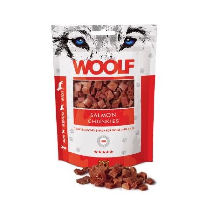 Woolf Salmon Chunkies tréning snack jutalomfalat lazac kockák 100 g